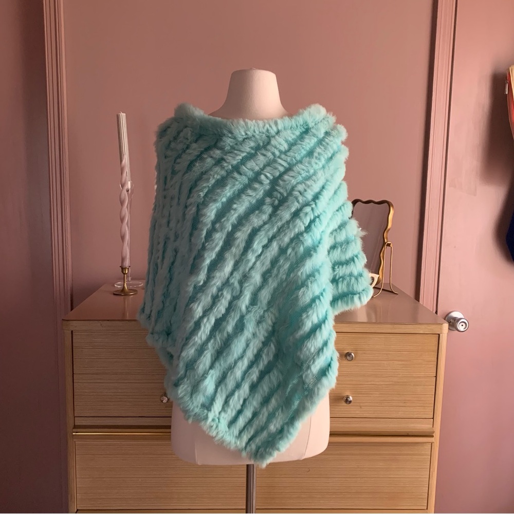 Wilsons Leather Teal Rabbit Fur Poncho